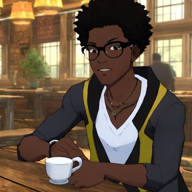 Prompt: kilik rung from soul eater, afro American,  sitting down drinking coffee, at a table, in a tavern, good hands, handsome,