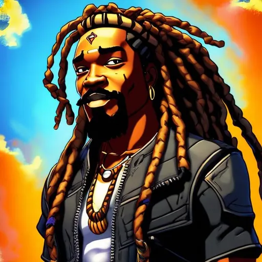 Prompt:  black man, with dreads,
Brian Martel Jennifer and Wildes Jim Sanders art style and borderlands art style, nice mouth, beautiful eyes, 