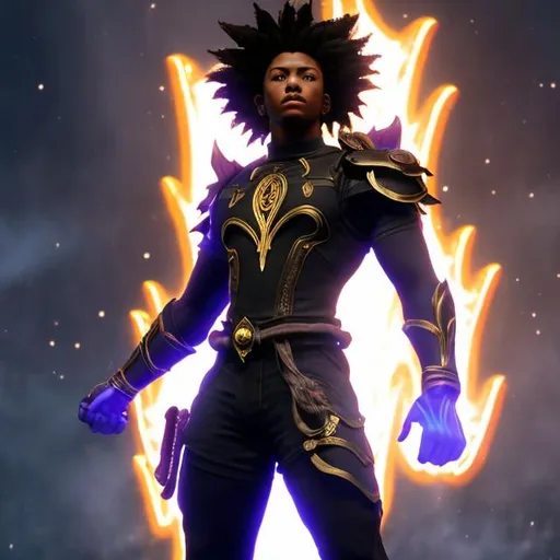 Prompt: whole body, realistic digital art, young male, floating in the air, fighting pose, waring a final fantasy  outfit, fully carved by glowing runes and glyphs insignia glowing on face, using cosmic powers,  waist up, flying, afro American, black hair, long dreads, his hair is shorter on the sides, light stubble, using powers , dark skin, handsome, beautiful cosmic eyes,  flying pose, masterpiece in fantasy nouveau art style, 