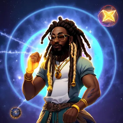 Prompt: black man, with dreads, with round glasses, drawing and arcane circle with his fingers, casting a star spell in a magical laboratory, wearing space punk clothes, communing with the stars, realistic digital art,
,nice mouth, beautiful eyes, whole body, realistic digital art, young male, fighting pose, waring a final fantasy  outfit, fully carved by glowing gold runes and glyphs insignia glowing on face, using cosmic powers,  waist up,  afro American, black hair, long dreads, his hair is shorter on the sides, light stubble, using star powers , dark skin, handsome, beautiful cosmic eyes, masterpiece in fantasy,