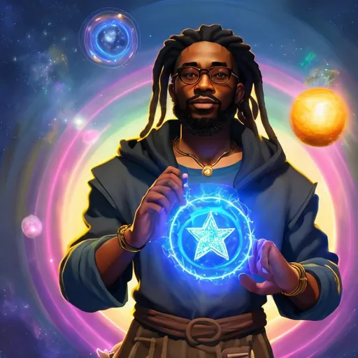 Prompt: black man, handsome, with dreads, with round glasses, drawing and arcane circle with his fingers, casting a star spell, in a magical laboratory, wearing space punk clothes, communing with the stars, realistic digital art,
,nice mouth, beautiful eyes, whole body, realistic digital art, young male, fighting pose, waring a final fantasy  outfit, fully carved by glowing gold runes and glyphs insignia glowing on face, using cosmic powers,  waist up,  afro American, black hair, long dreads, his hair is shorter on the sides, light stubble, using star powers , dark skin, handsome, beautiful cosmic eyes, masterpiece in fantasy, , a stunning Alphonse Mucha masterpiece in fantasy nouveau artstyle by Anders Zorn and Joseph Christian Leyendecker ,