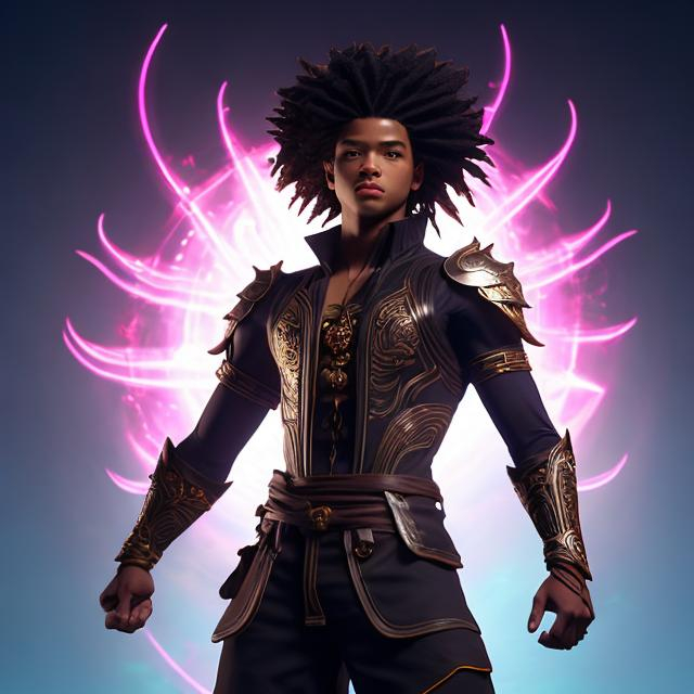 Prompt: whole body, realistic digital art, young male, floating in the air, fighting pose, waring a final fantasy  outfit, fully carved by glowing runes and glyphs insignia glowing on face, using cosmic powers,  waist up, flying, afro American, black hair, long dreads, his hair is shorter on the sides, light stubble, using powers , dark skin, handsome, beautiful cosmic eyes,  flying pose, masterpiece in fantasy nouveau art style, 