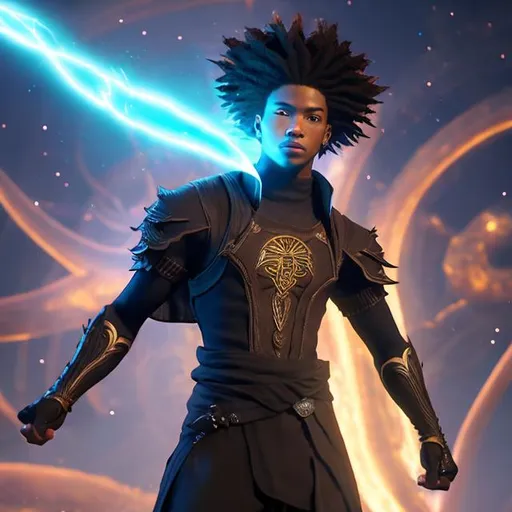 Prompt:  whole body, realistic digital art, young male, floating in the air, fighting pose, waring a final fantasy  outfit, fully carved by glowing runes and glyphs insignia glowing on face, using cosmic powers,  waist up, flying, afro American, black hair, long dreads, his hair is shorter on the sides, light stubble, using powers , dark skin, handsome, beautiful cosmic eyes,  flying pose, masterpiece in fantasy nouveau art style, 
Brian Martel Jennifer and Wildes Jim Sanders art style and borderlands art style, 