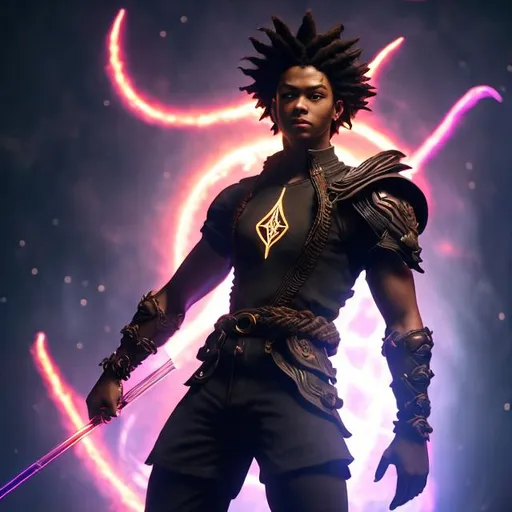 Prompt:  whole body, realistic digital art, young male, floating in the air, fighting pose, waring a final fantasy  outfit, fully carved by glowing runes and glyphs insignia glowing on face, using cosmic powers,  waist up, flying, afro American, black hair, long braided dreads,  light stubble, using powers , dark skin, handsome, beautiful cosmic eyes, fighting pose, masterpiece in fantasy, magic the gathering art style, intricately detailed background with the galaxy , hair turns into space clouds,  organic shapes, stars in the galaxy, his dreads becomes the galaxy, his body is made of the solar system, clothes turn into space artifacts, sticker, ethereality, high contrast, fantasy, dreamy, vector illustration, 2d flat, centered, smooth, modern, minimalistic, graphic, line art, vector graphics