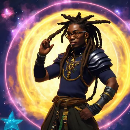 Prompt: black man, with dreads, with round glasses, drawing and arcane circle with his fingers, casting a star spell in a magical laboratory, wearing space punk armor, communing with the stars, realistic digital art,
,nice mouth, beautiful eyes, whole body, realistic digital art, young male, fighting pose, waring a final fantasy armor outfit, fully carved by glowing gold runes and glyphs insignia glowing on face, using cosmic powers,  waist up,  afro American, black hair, long dreads, his hair is shorter on the sides, light stubble, using star powers , dark skin, handsome, beautiful cosmic eyes, masterpiece in fantasy,