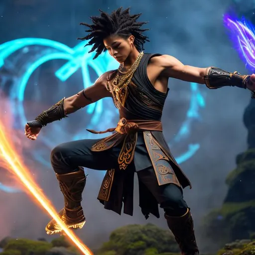Prompt:  whole body, young male, floating in the air, fighting pose, waring a final fantasy  outfit, fully carved by glowing runes and glyphs insignia glowing on face, using cosmic powers,  waist up, flying, afro American, black hair, long dreads, his hair is shorter on the sides, light stubble, using powers , dark skin, handsome, beautiful cosmic eyes,  flying pose, masterpiece in fantasy,
Brian Martel Jennifer and Wildes Jim Sanders art style and borderlands art style, 