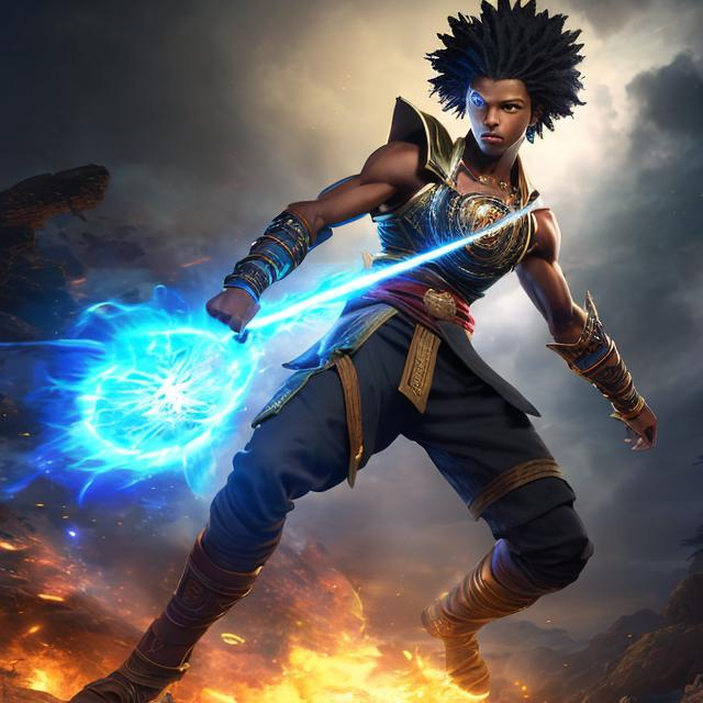 Prompt: kilik, whole body, realistic digital art, young male, floating in the air, fighting pose, waring a final fantasy  outfit, a cosmic insignia glowing on face, using cosmic powers,  waist up, flying, afro American, black hair, long dreads, his hair is shorter on the sides, light stubble, using powers , dark skin, handsome, beautiful cosmic eyes,  flying pose,