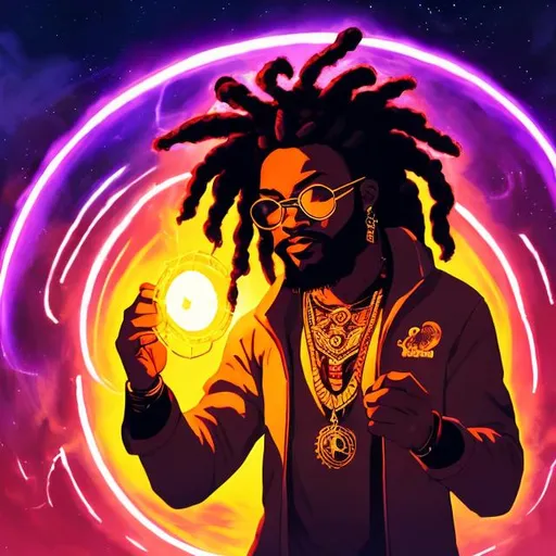 Prompt:  black man, with dreads, with round glasses, drawing and arcane circle with his fingers, casting a star spell in a tavern at night, wearing starlords clothes
lo-fi art style, nice mouth, beautiful eyes, 