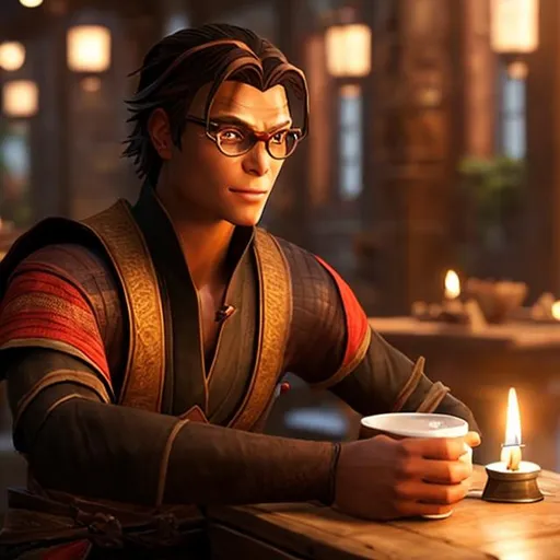 Prompt: kilik rung, sitting down drinking coffee, at a table, in a tavern 