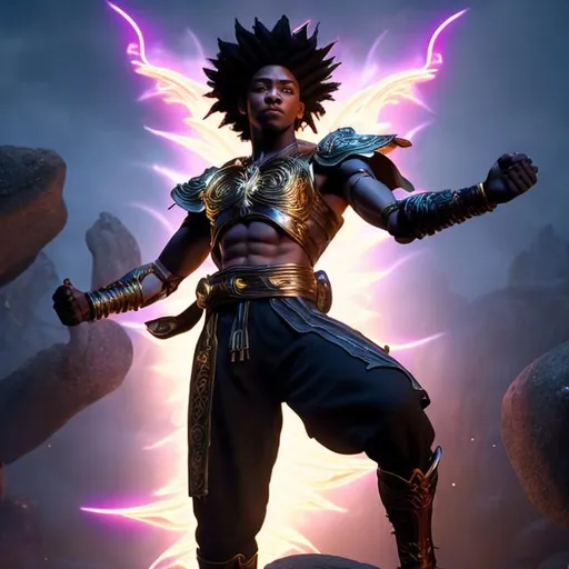 Prompt:  whole body, realistic digital art, young male, floating in the air, fighting pose, waring a final fantasy  outfit, fully carved by glowing runes and glyphs insignia glowing on face, using cosmic powers,  waist up, flying, afro American, black hair, long dreads, his hair is shorter on the sides, light stubble, using powers , dark skin, handsome, beautiful cosmic eyes, fighting pose, masterpiece in fantasy nouveau art style, intricately detailed background with the galaxy , hair turns into space clouds,  organic shapes, stars in the galaxy, his dreads becomes the galaxy, his body is made of the solar system, clothes turn into space artifacts, sticker, ethereality, high contrast, fantasy, dreamy, vector illustration, 2d flat, centered, smooth, modern, minimalistic, graphic, line art, vector graphics