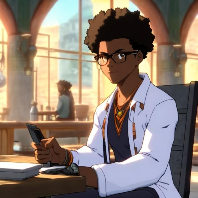 Prompt: kilik rung from soul eater, afro American,  sitting down drinking coffee, at a table, in a tavern, good hands, handsome, watching YouTube on a Samsung S23