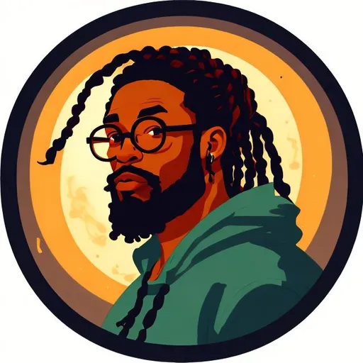 Prompt:  black man, with dreads, with round glasses, drawing and arcane circle, in a tavern at night,
lo-fi art style, nice mouth, beautiful eyes, 