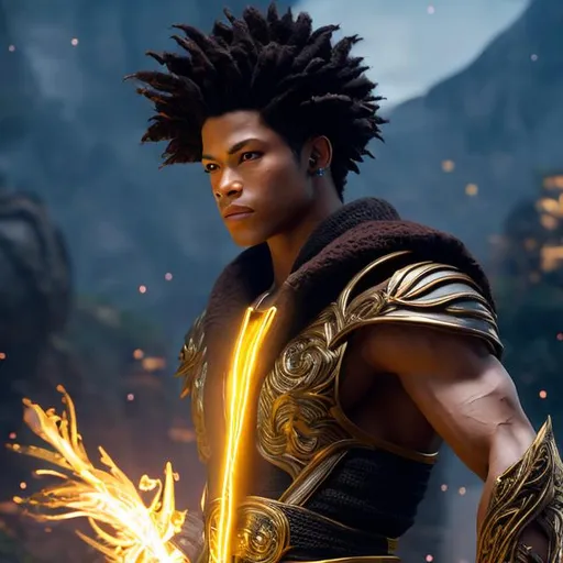 Prompt:  whole body, realistic digital art, young male, floating in the air, fighting pose, waring a final fantasy  outfit, fully carved by glowing gold runes and glyphs insignia glowing on face, using cosmic powers,  waist up,  afro American, black hair, long dreads, his hair is shorter on the sides, light stubble, using star powers , dark skin, handsome, beautiful cosmic eyes, masterpiece in fantasy 
black man, with dreads, with round glasses, drawing and arcane circle with his fingers, casting a star spell in a magical laboratory, wearing space punk clothes, communing with the stars, realistic digital art,
,nice mouth, beautiful eyes, 