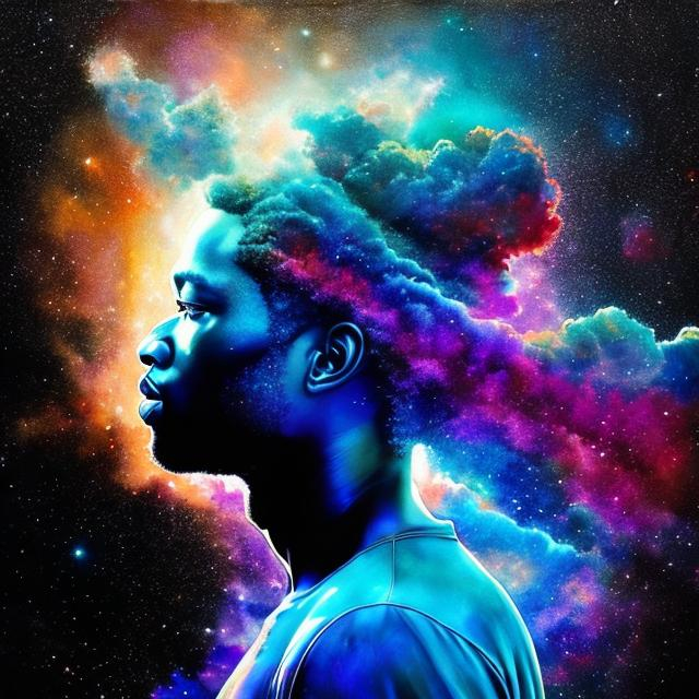 Prompt: Liquid ink illustration combined with realistic digital art, double exposure painting combines an abstract silhouette of a black man and an intricately detailed background with the galaxy , hair turns into space clouds,  organic shapes, stars in the galaxy, his dreads becomes the galaxy, his body is made of the solar system,  Art by Yoan Lossel, Cyril Rolando, Nan Goldin, Lee Bontecou Leusch, backlighting, charcoal and different shades of blue, sticker, ethereality, high contrast, fantasy, dreamy, vector illustration, 2d flat, centered, smooth, modern, minimalistic, graphic, line art, vector graphics