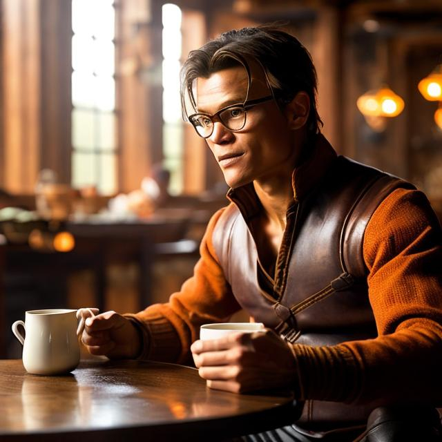 Prompt: kilik rung, sitting down drinking coffee, at a table, in a tavern 