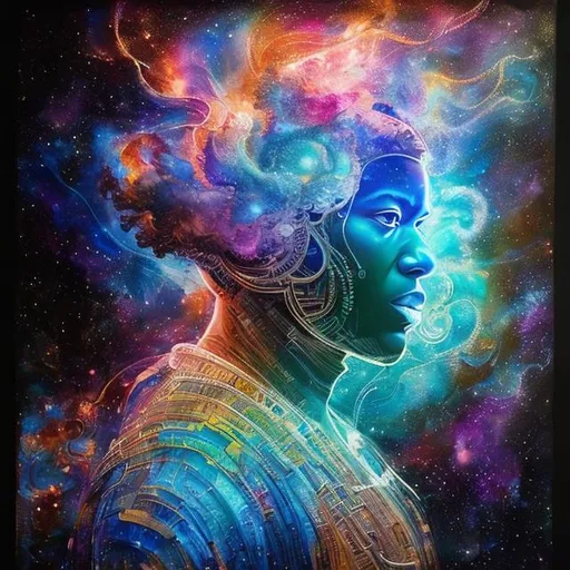 Prompt: Liquid ink illustration combined with realistic digital art, double exposure painting combines an abstract silhouette of a black man and an intricately detailed background with the galaxy , organic shapes, stars in the galaxy, his dreads becomes the galaxy, his body is made of the solar system,  Art by Yoan Lossel, Cyril Rolando, Nan Goldin, Lee Bontecou Leusch, backlighting, charcoal and different shades of blue, sticker, ethereality, high contrast, fantasy, dreamy, vector illustration, 2d flat, centered, smooth, modern, minimalistic, graphic, line art, vector graphics