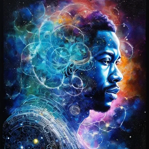 Prompt: Liquid ink illustration combined with realistic digital art, double exposure painting combines an abstract silhouette of a black man and an intricately detailed background with the galaxy , organic shapes, stars in the galaxy, his dreads becomes the galaxy, his body is made of the solar system,  Art by Yoan Lossel, Cyril Rolando, Nan Goldin, Lee Bontecou Leusch, backlighting, charcoal and different shades of blue, sticker, ethereality, high contrast, fantasy, dreamy, vector illustration, 2d flat, centered, smooth, modern, minimalistic, graphic, line art, vector graphics