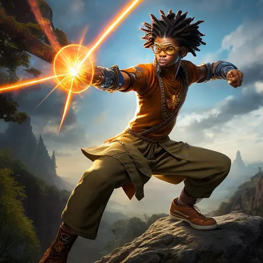 Prompt: kilik, whole body, realistic digital art, young male, floating in the air, fighting pose, glasses, waring a orange sweater over a white button up, waring khaki pants, wearing Arizona shoes, a cosmic insignia glowing on face, using cosmic powers,  waist up, flying, afro American, black hair, long dreads, his hair is shorter on the sides, light stubble, using powers , dark skin, handsome, beautiful cosmic eyes,  flying pose,