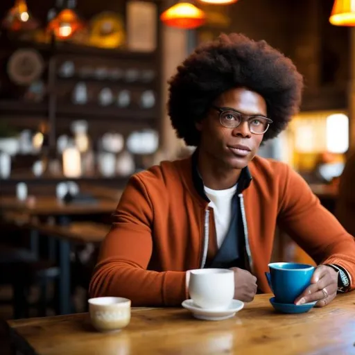 Prompt: kilik rung from soul eater, afro American   sitting down drinking coffee, at a table, in a tavern 