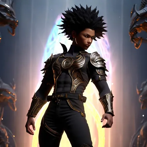 Prompt: whole body, realistic digital art, young male, floating in the air, fighting pose, waring a final fantasy  outfit, fully carved by glowing runes and glyphs insignia glowing on face, using cosmic powers,  waist up, flying, afro American, black hair, long dreads, his hair is shorter on the sides, light stubble, using powers , dark skin, handsome, beautiful cosmic eyes,  flying pose, masterpiece in fantasy nouveau art style, 