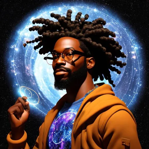 Prompt: black man, skin made out of a starry night sky, with dreads, with round glasses, drawing and arcane circle with his fingers, casting a star spell in a magical laboratory, wearing space punk armor, communing with the stars, realistic digital art,
,nice mouth, beautiful eyes, whole body, realistic digital art, young male, fighting pose, waring a final fantasy armor outfit, fully carved by glowing gold runes and glyphs insignia glowing on face, using cosmic powers,  waist up,  afro American, silver hair, long dreads, his hair is shorter on the sides, light stubble, using star powers , dark skin, handsome, beautiful cosmic eyes, masterpiece in fantasy,