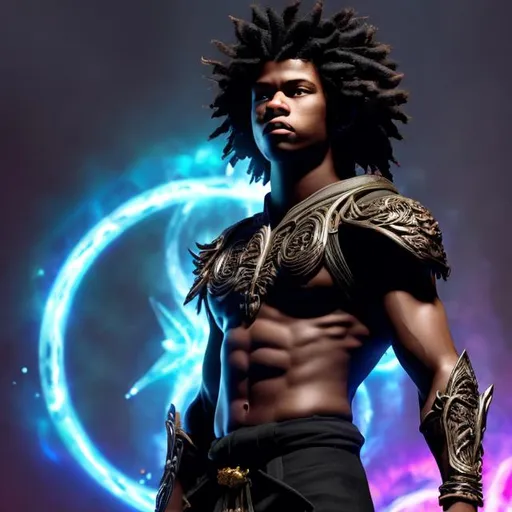 Prompt:  whole body, realistic digital art, young male, floating in the air, fighting pose, waring a final fantasy  outfit, fully carved by glowing runes and glyphs insignia glowing on face, using cosmic powers,  waist up,  afro American, black hair, long dreads, his hair is shorter on the sides, light stubble, using powers , dark skin, handsome, beautiful cosmic eyes,  flying pose, masterpiece in fantasy 
black man, with dreads, with round glasses, drawing and arcane circle with his fingers, casting a star spell in a magical laboratory, wearing space punk clothes, communing with the stars, realistic digital art,
,nice mouth, beautiful eyes, 