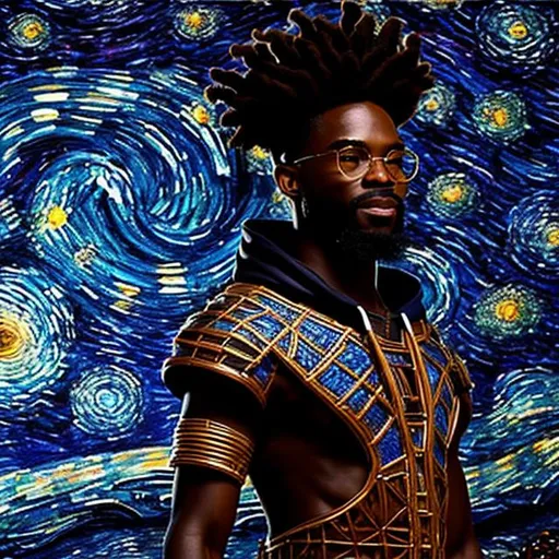 Prompt: black man, skin made out of a starry night sky, with dreads, with round glasses, drawing and arcane circle with his fingers, casting a star spell in a magical laboratory, wearing space punk armor, communing with the stars, realistic digital art,
,nice mouth, beautiful eyes, whole body, realistic digital art, young male, fighting pose, waring a final fantasy armor outfit, fully carved by glowing gold runes and glyphs insignia glowing on face, using cosmic powers,  waist up,  afro American, black hair, long dreads, his hair is shorter on the sides, light stubble, using star powers , dark skin, handsome, beautiful cosmic eyes, masterpiece in fantasy,