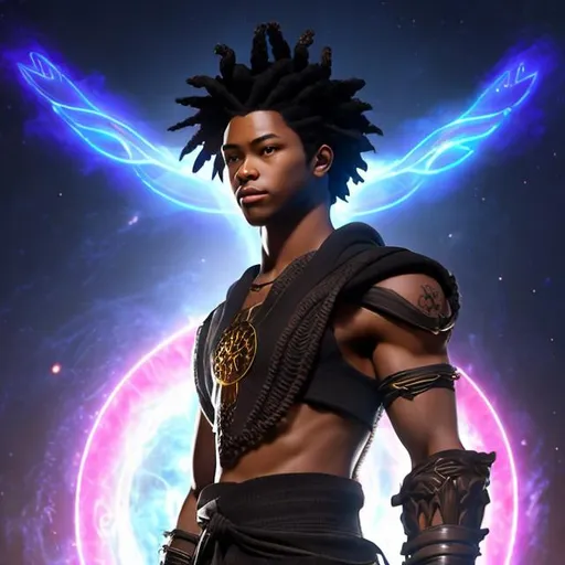 Prompt:  whole body, realistic digital art, young male, floating in the air, fighting pose, waring a final fantasy  outfit, fully carved by glowing runes and glyphs insignia glowing on face, using cosmic powers,  waist up, flying, afro American, black hair, long braided dreads,  light stubble, using powers , dark skin, handsome, beautiful cosmic eyes, fighting pose, masterpiece in fantasy nouveau art style, intricately detailed background with the galaxy , hair turns into space clouds,  organic shapes, stars in the galaxy, his dreads becomes the galaxy, his body is made of the solar system, clothes turn into space artifacts, sticker, ethereality, high contrast, fantasy, dreamy, vector illustration, 2d flat, centered, smooth, modern, minimalistic, graphic, line art, vector graphics