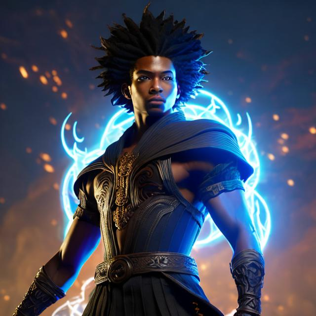 Prompt:  whole body, realistic digital art, young male, floating in the air, fighting pose, waring a final fantasy  outfit, fully carved by glowing runes and glyphs insignia glowing on face, using cosmic powers,  waist up, flying, afro American, black hair, long dreads, his hair is shorter on the sides, light stubble, using powers , dark skin, handsome, beautiful cosmic eyes, fighting pose, masterpiece in fantasy nouveau art style, intricately detailed background with the galaxy , hair turns into space clouds,  organic shapes, stars in the galaxy, his dreads becomes the galaxy, his body is made of the solar system, clothes turn into space artifacts, sticker, ethereality, high contrast, fantasy, dreamy, vector illustration, 2d flat, centered, smooth, modern, minimalistic, graphic, line art, vector graphics