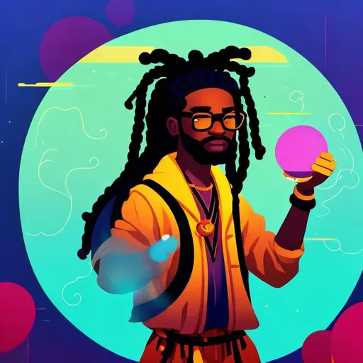 Prompt:  black man, with dreads, with round glasses, drawing and arcane circle with his fingers, casting spell in a tavern at night,
lo-fi art style, nice mouth, beautiful eyes, 