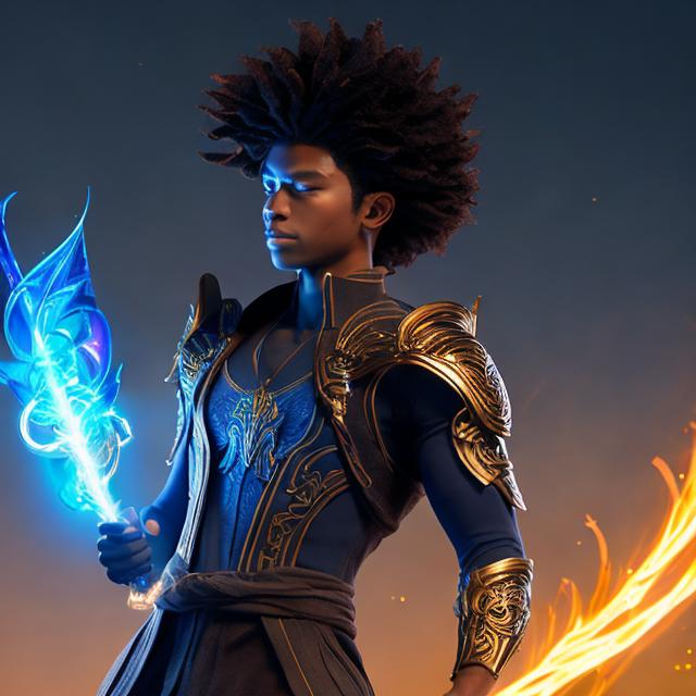 Prompt:  whole body, realistic digital art, young male, floating in the air, fighting pose, waring a final fantasy  outfit, fully carved by glowing runes and glyphs insignia glowing on face, using cosmic powers,  waist up, flying, afro American, black hair, long dreads, his hair is shorter on the sides, light stubble, using powers , dark skin, handsome, beautiful cosmic eyes,  flying pose, masterpiece in fantasy nouveau art style, 
Brian Martel Jennifer Wildes Jim Sanders art style