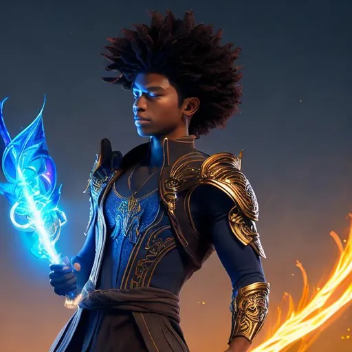 Prompt:  whole body, realistic digital art, young male, floating in the air, fighting pose, waring a final fantasy  outfit, fully carved by glowing runes and glyphs insignia glowing on face, using cosmic powers,  waist up, flying, afro American, black hair, long dreads, his hair is shorter on the sides, light stubble, using powers , dark skin, handsome, beautiful cosmic eyes,  flying pose, masterpiece in fantasy nouveau art style, 
Brian Martel Jennifer Wildes Jim Sanders art style