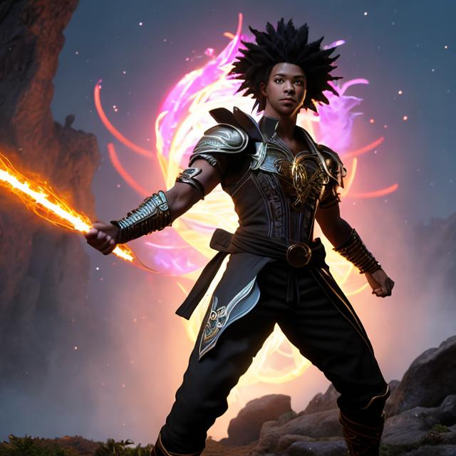 Prompt: whole body, realistic digital art, young male, floating in the air, fighting pose, waring a final fantasy  outfit, fully carved by glowing runes and glyphs insignia glowing on face, using cosmic powers,  waist up, flying, afro American, black hair, long dreads, his hair is shorter on the sides, light stubble, using powers , dark skin, handsome, beautiful cosmic eyes,  flying pose, masterpiece in fantasy nouveau art style, 