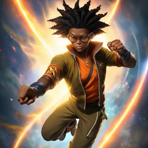 Prompt: kilik, whole body, realistic digital art, young male, floating in the air, fighting pose, glasses, waring a orange sweater over a white button up, waring khaki pants, wearing Arizona shoes, a cosmic insignia glowing on face, using cosmic powers,  waist up, flying, afro American, black hair, long dreads, his hair is shorter on the sides, light stubble, using powers , dark skin, handsome, beautiful cosmic eyes,  flying pose,