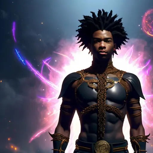 Prompt:  whole body, realistic digital art, young male, floating in the air, fighting pose, waring a final fantasy  outfit, fully carved by glowing runes and glyphs insignia glowing on face, using cosmic powers,  waist up, flying, afro American, black hair, long braided dreads,  light stubble, using powers , dark skin, handsome, beautiful cosmic eyes, fighting pose, masterpiece in fantasy, magic the gathering art style, intricately detailed background with the galaxy , hair turns into space clouds,  organic shapes, stars in the galaxy, his dreads becomes the galaxy, his body is made of the solar system, clothes turn into space artifacts, sticker, ethereality, high contrast, fantasy, dreamy, vector illustration, 2d flat, centered, smooth, modern, minimalistic, graphic, line art, vector graphics