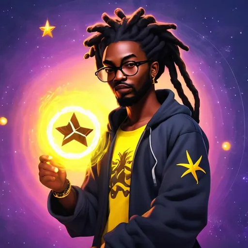 Prompt: black man, handsome, with dreads, with round glasses, drawing an arcane hexagram circle with his fingers, casting a star spell, in a magical laboratory, wearing space punk clothes, communing with the stars, realistic digital art,
,nice mouth, beautiful eyes, whole body, realistic digital art, young male, fighting pose, waring a final fantasy  outfit, fully carved by glowing gold runes and glyphs insignia glowing on face, using cosmic powers,  waist up,  afro American, black hair, long dreads, his hair is shorter on the sides, light stubble, using star powers , dark skin, handsome, beautiful cosmic eyes, masterpiece in fantasy, , a stunning Alphonse Mucha masterpiece in fantasy nouveau artstyle by Anders Zorn and Joseph Christian Leyendecker ,