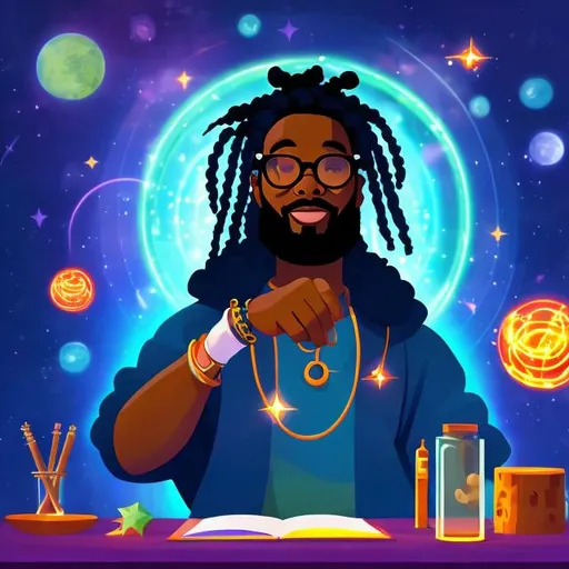 Prompt:  black man, with dreads, with round glasses, drawing and arcane circle with his fingers, casting a star spell in a magical laboratory, wearing space punk clothes, communing with the stars, realistic digital art,
, nice mouth, beautiful eyes, 