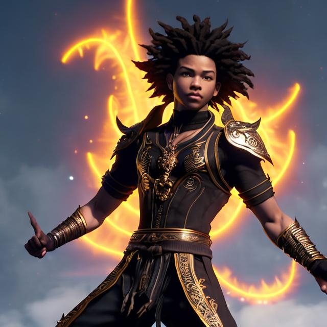 Prompt:  whole body, realistic digital art, young male, floating in the air, fighting pose, waring a final fantasy  outfit, fully carved by glowing runes and glyphs insignia glowing on face, using cosmic powers,  waist up, flying, afro American, black hair, long dreads, his hair is shorter on the sides, light stubble, using powers , dark skin, handsome, beautiful cosmic eyes,  flying pose, masterpiece in fantasy nouveau art style, intricately detailed background with the galaxy , hair turns into space clouds,  organic shapes, stars in the galaxy, his dreads becomes the galaxy, his body is made of the solar system, clothes turn into space artifacts, sticker, ethereality, high contrast, fantasy, dreamy, vector illustration, 2d flat, centered, smooth, modern, minimalistic, graphic, line art, vector graphics