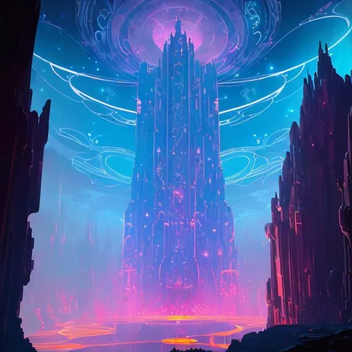 Prompt: location, cosmic space laboratory, made with alchemy,  a concept environment art landscape of a gloomy and somber low glow outer space with a towering magical arcane monolith ark full of carved glowing runes and glyphs shedding flaring volumetric light shafts throughout the darkness of a threatening sinister cosmic wasteland engulfed by  stars , a stunning Alphonse Mucha masterpiece in fantasy nouveau artstyle by Anders Zorn and Joseph Christian Leyendecker ,
