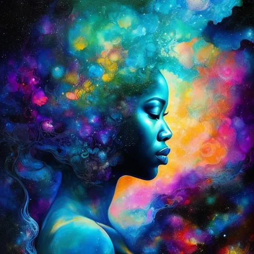 Prompt: Liquid ink illustration combined with realistic digital art, double exposure painting combines an abstract silhouette of a black woman and an intricately detailed background with the galaxy , organic shapes, stars in the galaxy, Art by Yoan Lossel, Cyril Rolando, Nan Goldin, Lee Bontecou Leusch, backlighting, charcoal and different shades of blue, sticker, ethereality, high contrast, fantasy, dreamy, vector illustration, 2d flat, centered, smooth, modern, minimalistic, graphic, line art, vector graphics