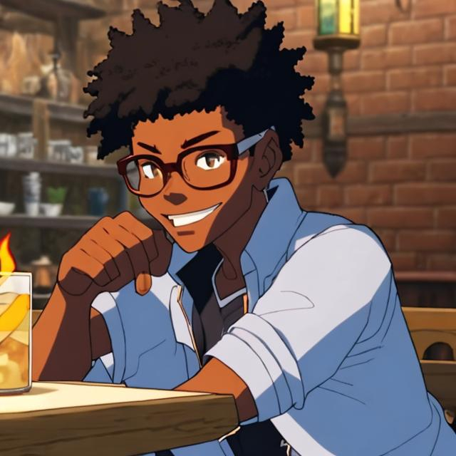 Prompt: kilik rung from soul eater, afro American,  sitting down drinking coffee, at a table, in a tavern, good hands, handsome, watching YouTube on a Samsung S23