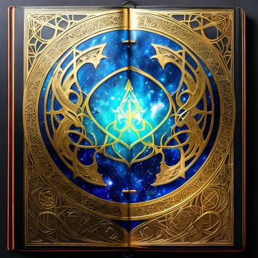 Prompt: hyperrealist detailed magic arcane closed spell book, the cover has gold alchemy insignia on the front, pages have cosmic dust flowing off of them, translucent pages, in the middle center of a galaxy background, golden runes flowing off the page hyper real game asset,  concept art engulfed by  stars , a stunning Alphonse Mucha masterpiece in fantasy nouveau artstyle by Anders Zorn and Joseph Christian Leyendecker ,
