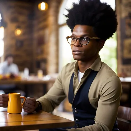 Prompt: kilik rung from soul eater, afro American   sitting down drinking coffee, at a table, in a tavern 