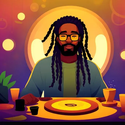 Prompt:  black man, with dreads, with round glasses, drawing and arcane circle with his fingers, in a tavern at night,
lo-fi art style, nice mouth, beautiful eyes, 