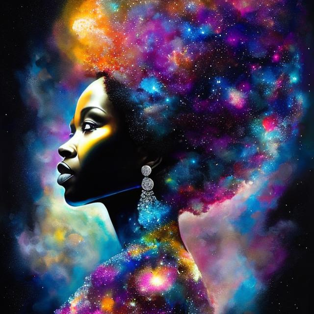 Prompt: Liquid ink illustration combined with realistic digital art, double exposure painting combines an abstract silhouette of a black woman and an intricately detailed background with the galaxy , organic shapes, stars in the galaxy, her afro becomes the galaxy, Art by Yoan Lossel, Cyril Rolando, Nan Goldin, Lee Bontecou Leusch, backlighting, charcoal and different shades of blue, sticker, ethereality, high contrast, fantasy, dreamy, vector illustration, 2d flat, centered, smooth, modern, minimalistic, graphic, line art, vector graphics