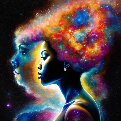 Prompt: Liquid ink illustration combined with realistic digital art, double exposure painting combines an abstract silhouette of a black woman and an intricately detailed background with the galaxy , organic shapes, stars in the galaxy, her afro becomes the galaxy, her body is made of the solar system,  Art by Yoan Lossel, Cyril Rolando, Nan Goldin, Lee Bontecou Leusch, backlighting, charcoal and different shades of blue, sticker, ethereality, high contrast, fantasy, dreamy, vector illustration, 2d flat, centered, smooth, modern, minimalistic, graphic, line art, vector graphics
