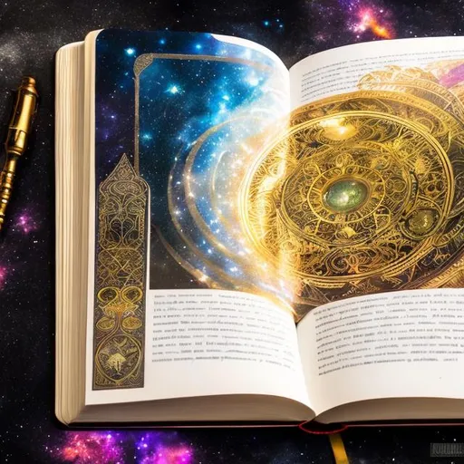 Prompt: hyperrealist detailed magic arcane spell book in the middle center of a galaxy background, golden runes flowing off the page hyper real game asset,  concept art engulfed by  stars , a stunning Alphonse Mucha masterpiece in fantasy nouveau artstyle by Anders Zorn and Joseph Christian Leyendecker ,