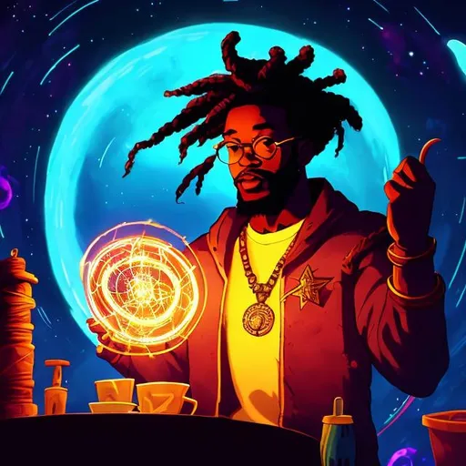 Prompt:  black man, with dreads, with round glasses, drawing and arcane circle with his fingers, casting a star spell in a tavern at night, wearing starlords clothes
lo-fi art style, nice mouth, beautiful eyes, 