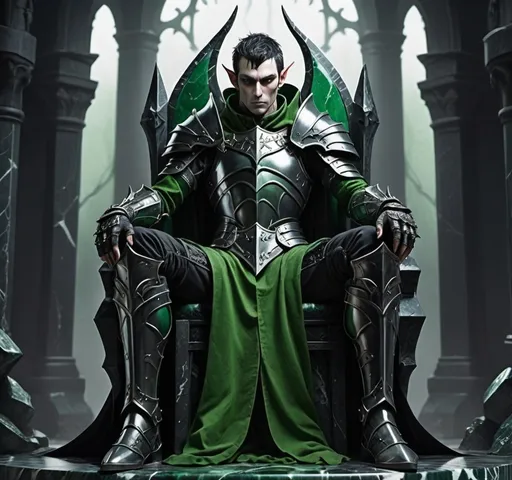 Prompt: A tall ominous elf with shadowy green eyes wearing dark, gothic, full plate armor. The armor has some dark green accents. He sits on a throne made of dark grey and green cracked marble.