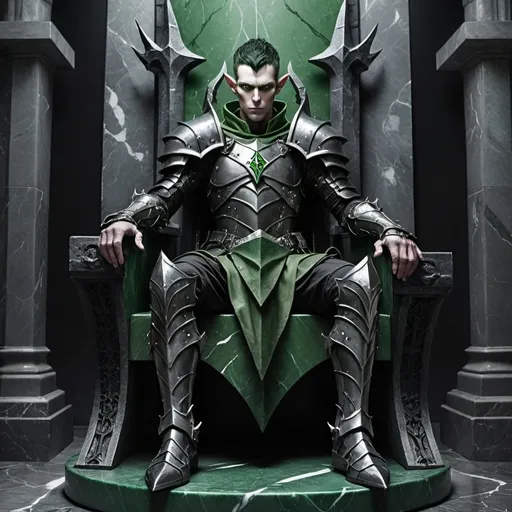 Prompt: A tall ominous looking elf with green eyes wearing dark gothic plate armor, sitting on a throne of cracked green and dark grey marble. He has a large black iron pointed war hammer leaning between his legs
